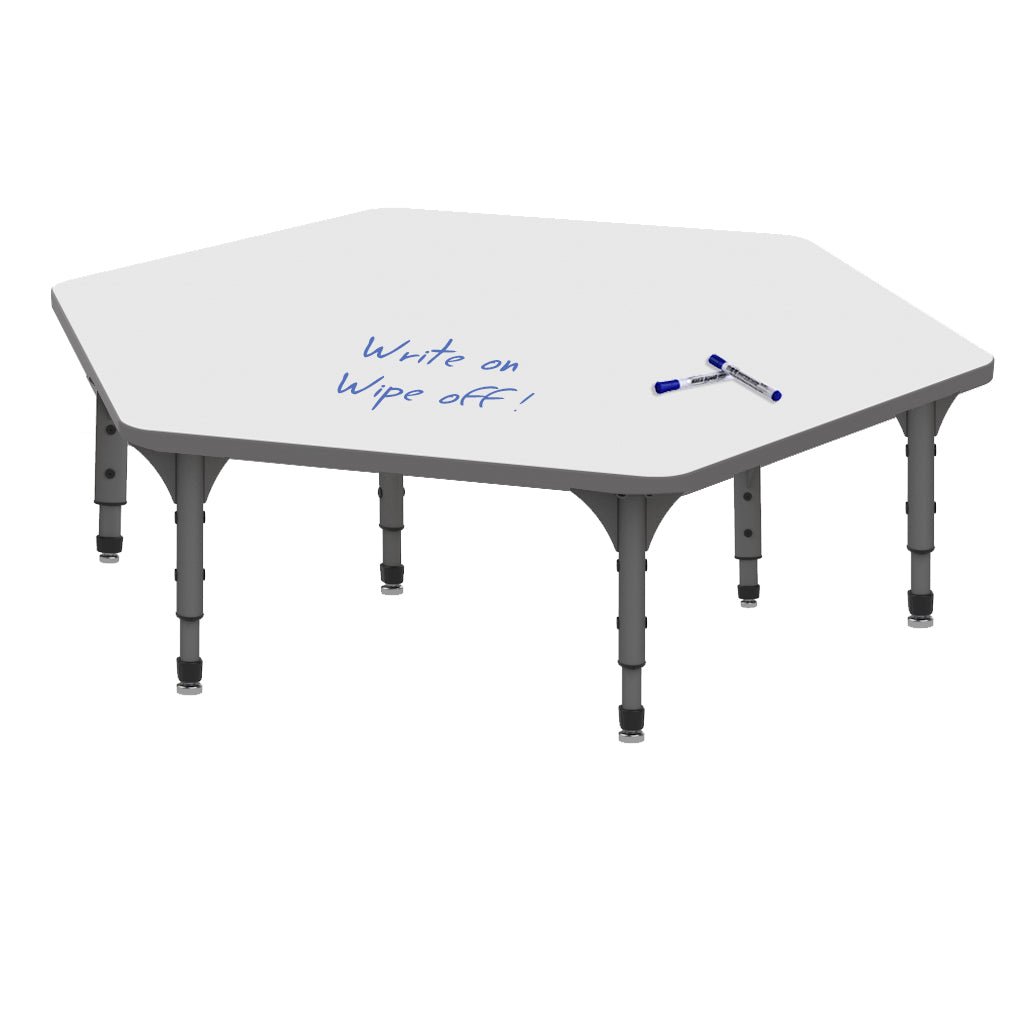Hexagon Floor Table — Whiteboard — representative whiteboard tabletop; size and finish options vary