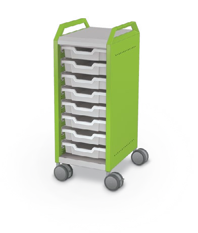 MooreCo Mini H2 — Standard / Left (Standard) / (8) 3" Totes / Handles. Verified matching front configuration; back panel is not visible. Finish representative.
