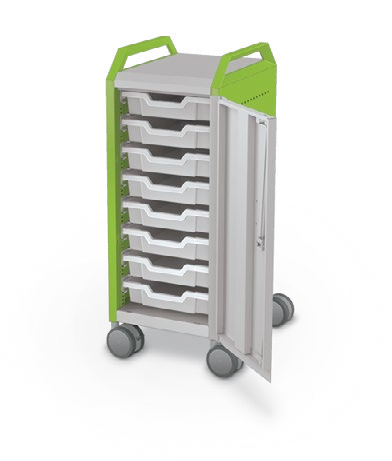 MooreCo Mini H2 — Standard / Right / (8) 3" Totes / Handles. Verified matching front configuration; back panel is not visible. Finish representative.