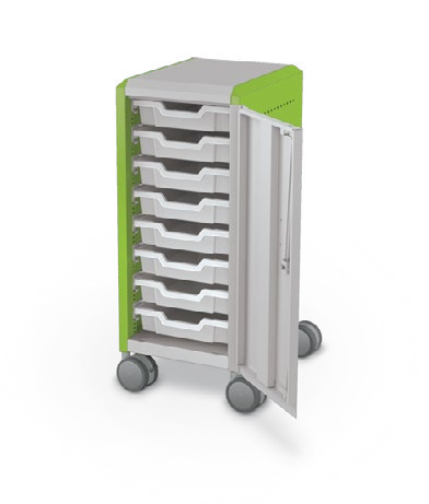 MooreCo Mini H2 — Standard / Right / (8) 3" Totes. Verified matching front configuration; back panel is not visible. Finish representative.