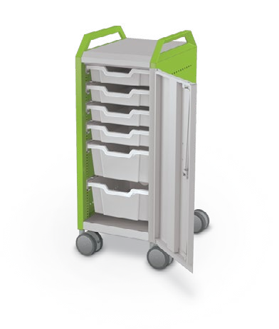 MooreCo Mini H2 — Standard / Right / (4) 3" Totes + (2) 6" Totes / Handles. Verified matching front configuration; back panel is not visible. Finish representative.