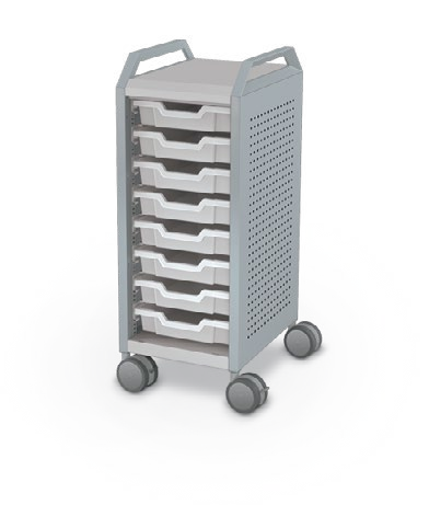 MooreCo Mini H2 — Peg / Left (Standard) / (8) 3" Totes / Handles. Verified matching front configuration; back panel is not visible. Finish representative.