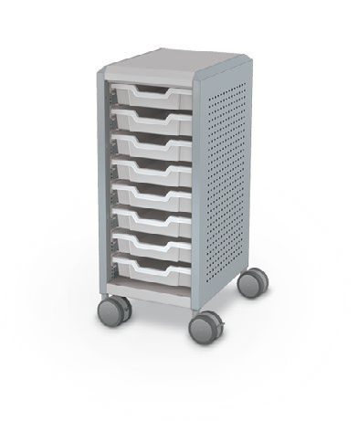 MooreCo Mini H2 — Peg / Left (Standard) / (8) 3" Totes. Verified matching front configuration; back panel is not visible. Finish representative.