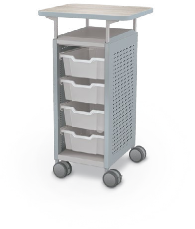 MooreCo Mini H2 — Peg / Left (Standard) / (4) 6" Totes / Laminate. Verified matching front configuration; back panel is not visible. Finish representative.