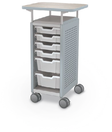 MooreCo Mini H2 — Peg / Left (Standard) / (4) 3" Totes + (2) 6" Totes / Laminate. Verified matching front configuration; back panel is not visible. Finish representative.
