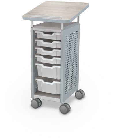 MooreCo Mini H2 — Peg / Left (Standard) / (4) 3" Totes + (2) 6" Totes / Lectern. Verified matching front configuration; back panel is not visible. Finish representative.