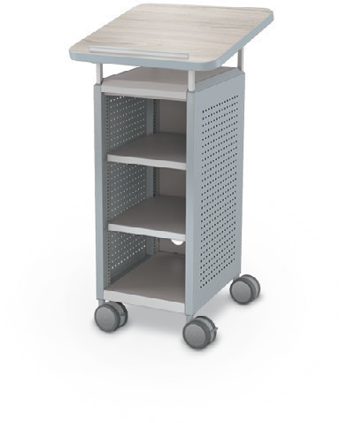 MooreCo Mini H2 — Peg / Left (Standard) / Shelves / Lectern. Verified matching front configuration; back panel is not visible. Finish representative.