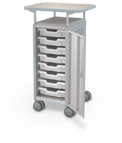 MooreCo Mini H2 — Peg / Right / (8) 3" Totes / Laminate. Verified matching front configuration; back panel is not visible. Finish representative.