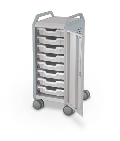 MooreCo Mini H2 — Peg / Right / (8) 3" Totes / Handles. Verified matching front configuration; back panel is not visible. Finish representative.