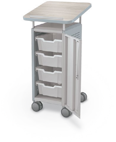 MooreCo Mini H2 — Peg / Right / (4) 6" Totes / Lectern. Verified matching front configuration; back panel is not visible. Finish representative.