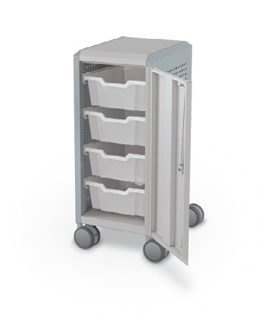 MooreCo Mini H2 — Peg / Right / (4) 6" Totes. Verified matching front configuration; back panel is not visible. Finish representative.