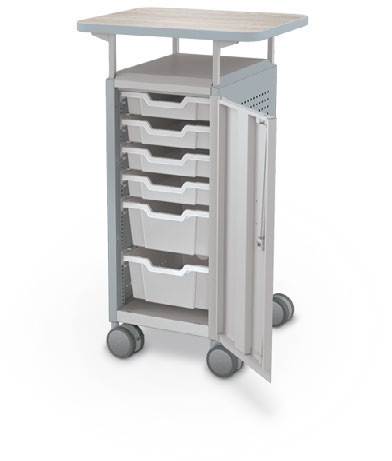 MooreCo Mini H2 — Peg / Right / (4) 3" Totes + (2) 6" Totes / Laminate. Verified matching front configuration; back panel is not visible. Finish representative.