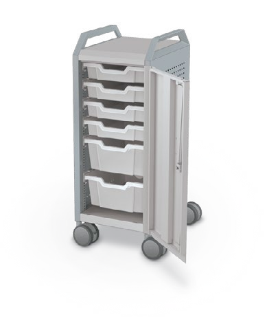 MooreCo Mini H2 — Peg / Right / (4) 3" Totes + (2) 6" Totes / Handles. Verified matching front configuration; back panel is not visible. Finish representative.
