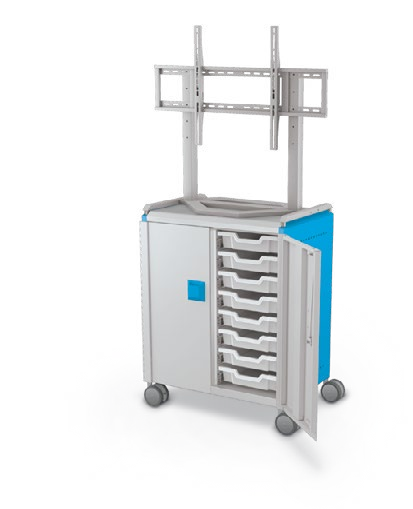 MooreCo Midi H2 — Standard / With Doors / (16) 3" Totes / TV Mount. Verified matching front configuration; back panel is not visible. Finish representative.