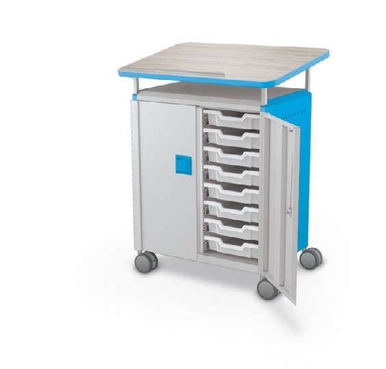 MooreCo Midi H2 — Standard / With Doors / (16) 3" Totes / Lectern. Verified matching front configuration; back panel is not visible. Finish representative.