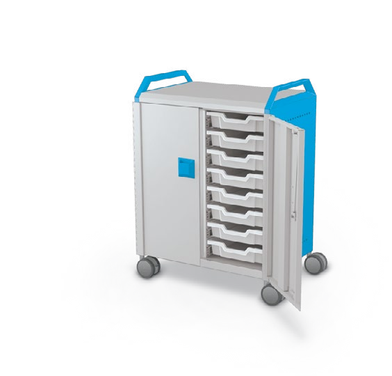 MooreCo Midi H2 — Standard / With Doors / (16) 3" Totes / Handles. Verified matching front configuration; back panel is not visible. Finish representative.