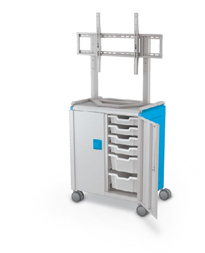 MooreCo Midi H2 — Standard / With Doors / (8) 3" Totes + (4) 6" Totes / TV Mount. Verified matching front configuration; back panel is not visible. Finish representative.