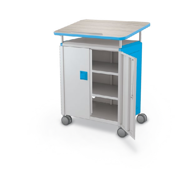 MooreCo Midi H2 — Standard / With Doors / Shelves / Lectern. Verified matching front configuration; back panel is not visible. Finish representative.