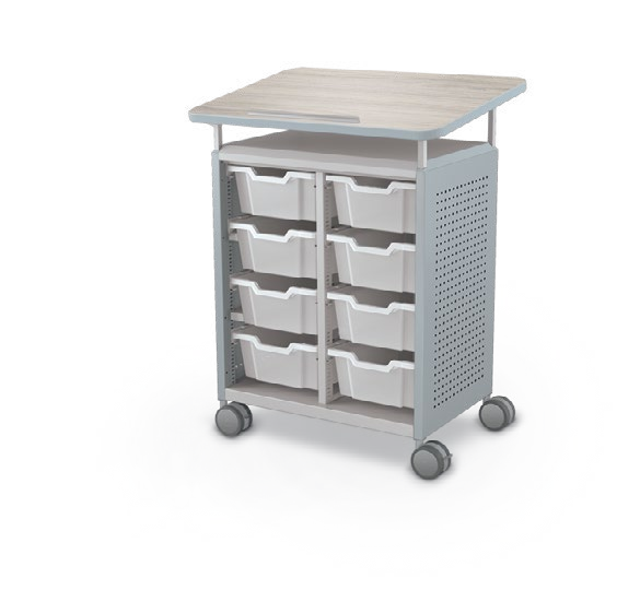MooreCo Midi H2 — Peg / No Doors / (8) 6" Totes / Lectern. Verified matching front configuration; back panel is not visible. Finish representative.