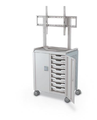 MooreCo Midi H2 — Peg / With Doors / (16) 3" Totes / TV Mount. Verified matching front configuration; back panel is not visible. Finish representative.