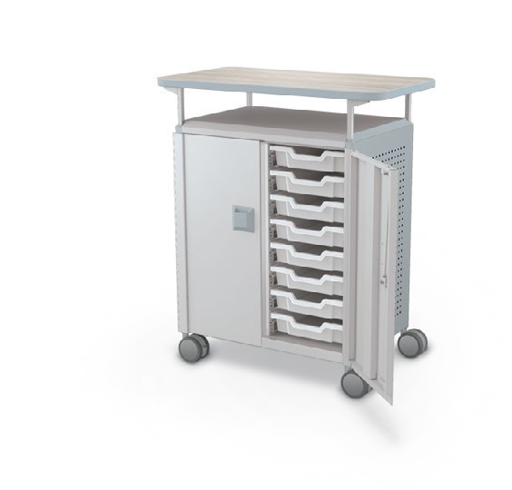 MooreCo Midi H2 — Peg / With Doors / (16) 3" Totes / Laminate. Verified matching front configuration; back panel is not visible. Finish representative.