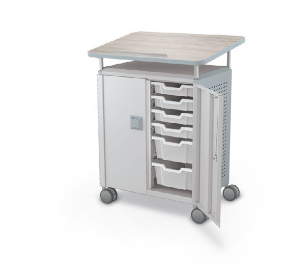 MooreCo Midi H2 — Peg / With Doors / (8) 3" Totes + (4) 6" Totes / Lectern. Verified matching front configuration; back panel is not visible. Finish representative.