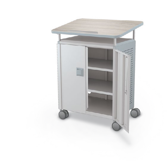 MooreCo Midi H2 — Peg / With Doors / Shelves / Lectern. Verified matching front configuration; back panel is not visible. Finish representative.