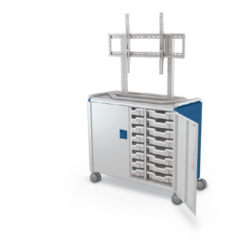 MooreCo Maxi H2 — Standard / With Doors / (24) 3" Totes / TV Mount. Verified matching front configuration; back panel is not visible. Finish representative.