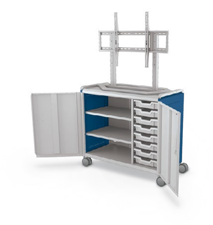 MooreCo Maxi H2 — Standard / With Doors / (8) 3" Totes + Left Hand Shelves / TV Mount. Verified matching front configuration; back panel is not visible. Finish representative.