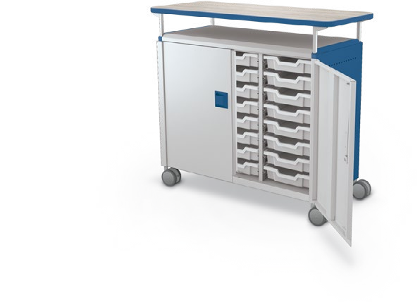MooreCo Maxi H2 — Standard / With Doors / (24) 3" Totes / Laminate. Verified matching front configuration; back panel is not visible. Finish representative.