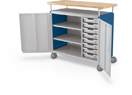 MooreCo Maxi H2 — Standard / With Doors / (8) 3" Totes + Left Hand Shelves / Butcher. Verified matching front configuration; back panel is not visible. Finish representative.