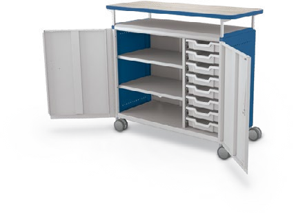 MooreCo Maxi H2 — Standard / With Doors / (8) 3" Totes + Left Hand Shelves / Laminate. Verified matching front configuration; back panel is not visible. Finish representative.