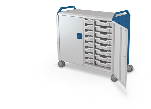 MooreCo Maxi H2 — Standard / With Doors / (24) 3" Totes / Handles. Verified matching front configuration; back panel is not visible. Finish representative.