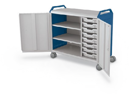 MooreCo Maxi H2 — Standard / With Doors / (8) 3" Totes + Left Hand Shelves / Handles. Verified matching front configuration; back panel is not visible. Finish representative.