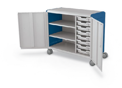 MooreCo Maxi H2 — Standard / With Doors / (8) 3" Totes + Left Hand Shelves. Verified matching front configuration; back panel is not visible. Finish representative.