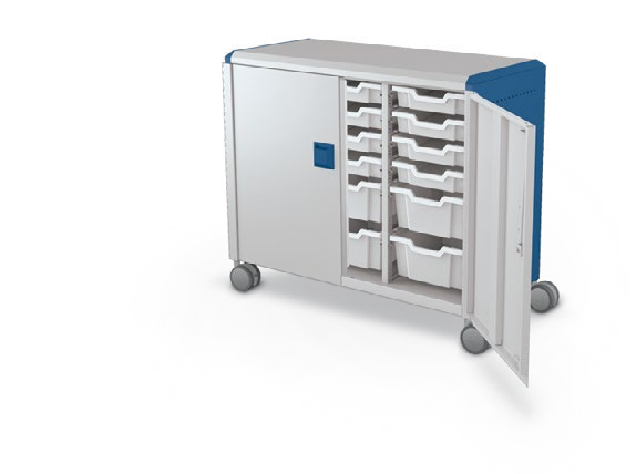 MooreCo Maxi H2 — Standard / With Doors / (12) 3" Totes + (6) 6" Totes. Verified matching front configuration; back panel is not visible. Finish representative.