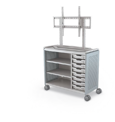 MooreCo Maxi H2 — Peg / No Doors / (8) 3" Totes + Left Hand Shelves / TV Mount. Verified matching front configuration; back panel is not visible. Finish representative.