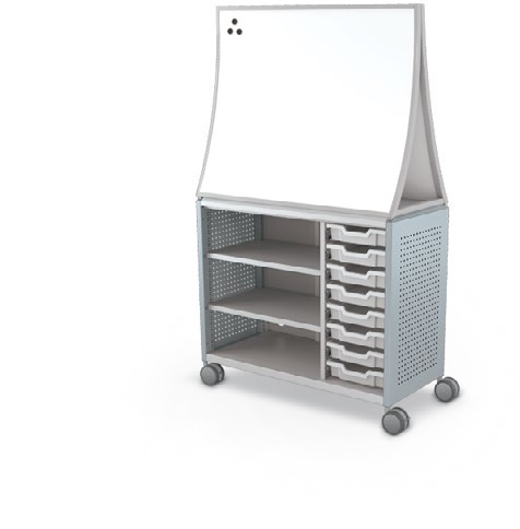 MooreCo Maxi H2 — Peg / No Doors / (8) 3" Totes + Left Hand Shelves / Ogee. Verified matching front configuration; back panel is not visible. Finish representative.