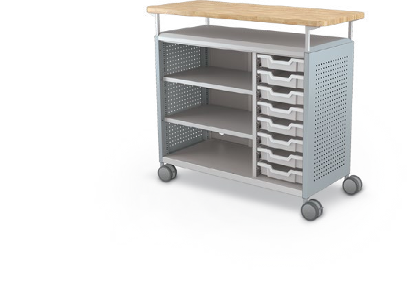 MooreCo Maxi H2 — Peg / No Doors / (8) 3" Totes + Left Hand Shelves / Butcher. Verified matching front configuration; back panel is not visible. Finish representative.