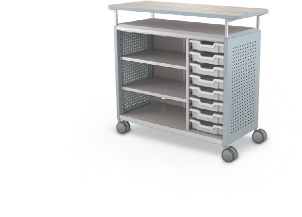 MooreCo Maxi H2 — Peg / No Doors / (8) 3" Totes + Left Hand Shelves / Laminate. Verified matching front configuration; back panel is not visible. Finish representative.
