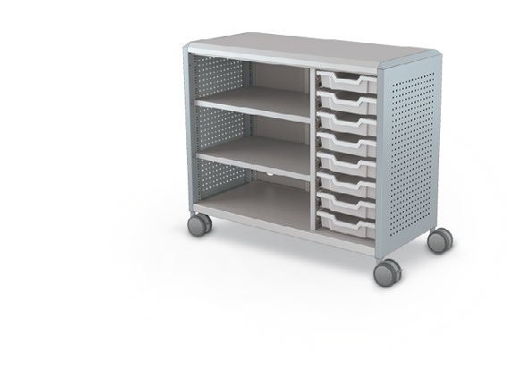MooreCo Maxi H2 — Peg / No Doors / (8) 3" Totes + Left Hand Shelves. Verified matching front configuration; back panel is not visible. Finish representative.