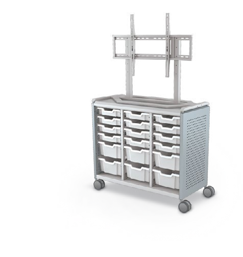 MooreCo Maxi H2 — Peg / No Doors / (12) 3" Totes + (6) 6" Totes / TV Mount. Verified matching front configuration; back panel is not visible. Finish representative.