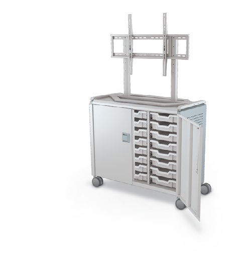 MooreCo Maxi H2 — Peg / With Doors / (24) 3" Totes / TV Mount. Verified matching front configuration; back panel is not visible. Finish representative.