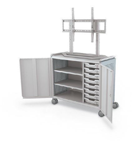 MooreCo Maxi H2 — Peg / With Doors / (8) 3" Totes + Left Hand Shelves / TV Mount. Verified matching front configuration; back panel is not visible. Finish representative.