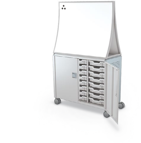 MooreCo Maxi H2 — Peg / With Doors / (24) 3" Totes / Ogee. Verified matching front configuration; back panel is not visible. Finish representative.