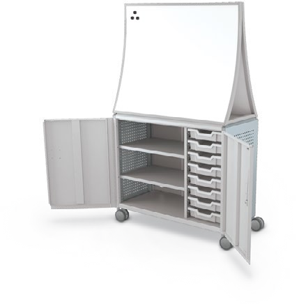 MooreCo Maxi H2 — Peg / With Doors / (8) 3" Totes + Left Hand Shelves / Ogee. Verified matching front configuration; back panel is not visible. Finish representative.
