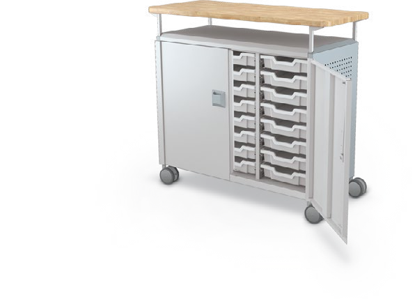 MooreCo Maxi H2 — Peg / With Doors / (24) 3" Totes / Butcher. Verified matching front configuration; back panel is not visible. Finish representative.