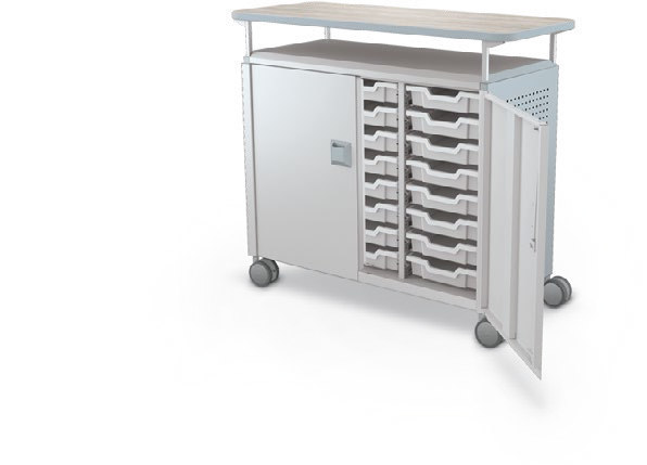 MooreCo Maxi H2 — Peg / With Doors / (24) 3" Totes / Laminate. Verified matching front configuration; back panel is not visible. Finish representative.