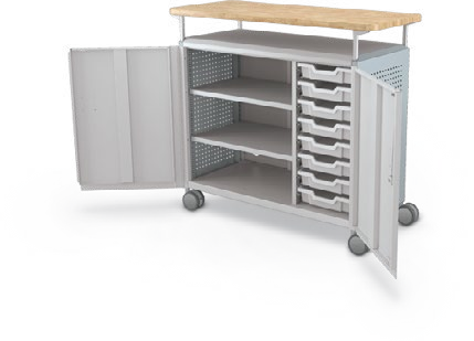 MooreCo Maxi H2 — Peg / With Doors / (8) 3" Totes + Left Hand Shelves / Butcher. Verified matching front configuration; back panel is not visible. Finish representative.
