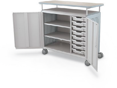 MooreCo Maxi H2 — Peg / With Doors / (8) 3" Totes + Left Hand Shelves / Laminate. Verified matching front configuration; back panel is not visible. Finish representative.